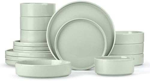 Herogo 16 Piece Plates and Bowls Set, Porcelain Dinnerware Sets with Pasta Bowls, Kitchen Dinner Ware Dishes Service for 4, Chip & Scratch Resistant Dishware, Speckled Light Green by Herogo