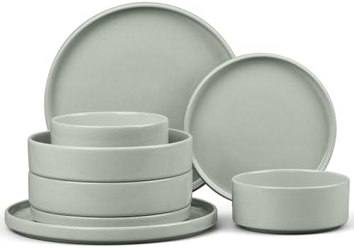 E-far 8-Piece Stoneware Dinnerware Sets with Pasta Bowls, Green by E-far