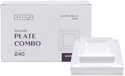 SETUP [Case of 240 Combo White Square Plates, Disposable Plastic Plates - Premium Heavy-Duty 120 Disposable 9.5" Dinner Party Plates and 120 Disposable 6.5" Salad Plates by SETUP