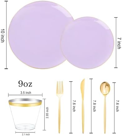 bUCLA 150PCS Purple Plastic Plates - Light Purple and Gold Disposable - Include 25 Each (Dinner & Dessert) lavender Plates, 25 Knives, 25 Forks, 25 Spoons & 25 Cups for Party, Birthday & Wedding - Image 2