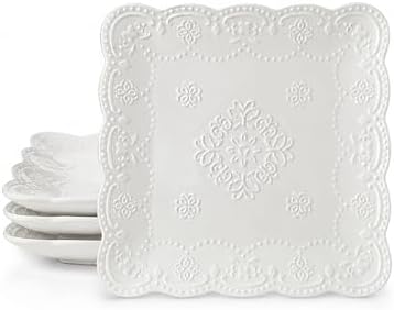 10 Inch Ceramic Dinner Plates Set of 4, White Embossed Dinner Plates with Floral Butterfly Pattern, Scalloped Beaded Rim Plates for Steak, Pasta, Main Course, Holiday Entertaining and Everyday Dining by SHIDACHENG