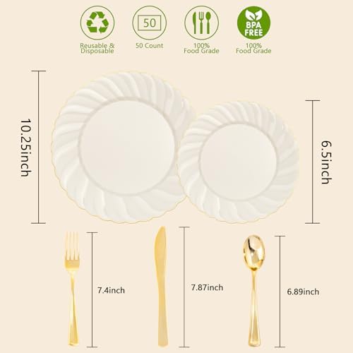 YOUBET 125PCS Ivory Scalloped Plastic Plates for Party Wedding - Image 2