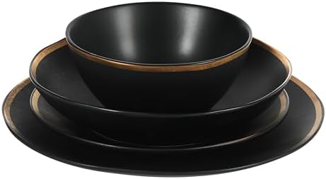 Gibson Elite Kings Road Double Plates and Bowl Organic Round Porcelain Dinnerware Set - Matte Black w/Gold Rim - Image 5
