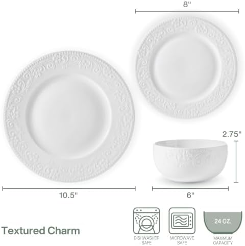 Pfaltzgraff Charm 24 Piece Dinnerware Set, White Porcelain Plates, Bowls - Image 3