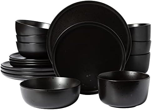 Gibson Elite James Street Stoneware Matte Reactive Double Bowl Dinnerware Set - Pepper Black, Service for 4 (16pcs) by GibsonHomewares