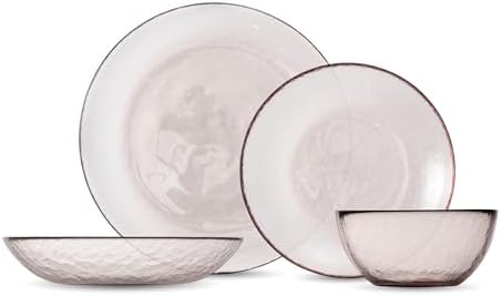 FORTESSA Los Cabos Tableware, 16-Piece Glass Dinnerware Set with 4 Dinner Plates, 4 Salad Plates, 4 Coupe Bowls and 4 Cereal Bowls, Dishwasher-Safe Glass Plate Set, Pink by Unknown