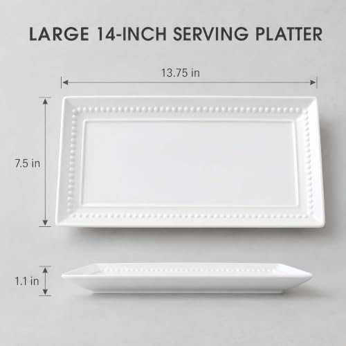 14 inch Ceramic Serving Platter - Rectangular Serving Trays Set of 4, Large Embossed Plates, Porcelain White Platters for Steak, Appetizer, Dessert, Tacos, Housewarming, Oven Dishwasher Safe - Image 3