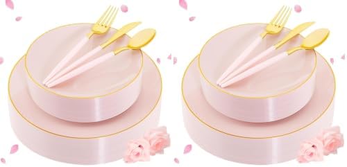 Liacere 150PCS Plastic Plates-Gold Plastic Silverware with Pink Handle - Pink Disposable Plates Include 30 Guests Plates, Forks, Spoons, Knives for Wedding ＆ Party (Pack of 2) by Liacere