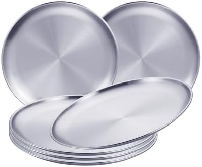 Stainless Steel Plates,6 Pcs 8Inch Dinner Platess Camping Plate,Perfect for Snack Candy Pizza Fruit Camping Etc.Reusable and Dishwasher Safe (6, 8 inches) by ICSTM
