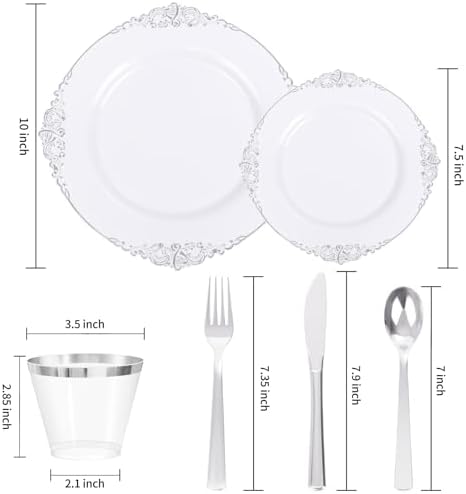 Nervure 600Pcs Silver Plastic Plates, Plastic Dinnerware Set for 100 Guests - Image 3