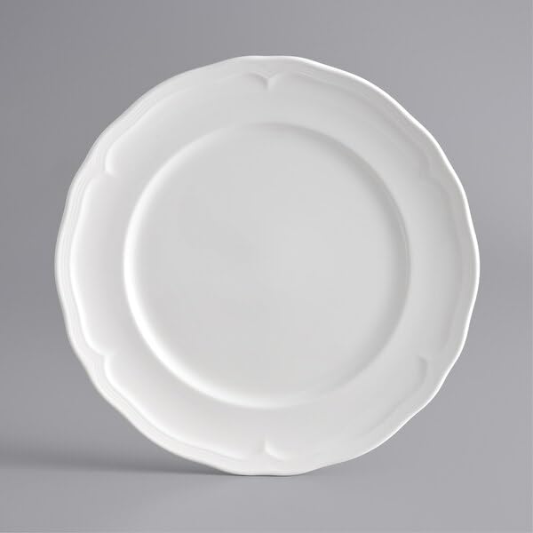 Condesa Pearl White Porcelain Dinner Plate, 12 Inch Round, Scalloped Wide Rim, Embossed, Dishwasher Safe, Microwave Safe, 12 Per Case