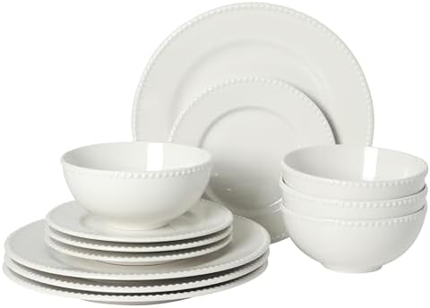 Gibson Home Caviara Plates and Bowls Set, 12-Piece Dinnerware Set, White Round Beaded Rim Ceramic Dish Set, Dinner Plates, Salad Plates & Cereal Bowls by GibsonHomewares