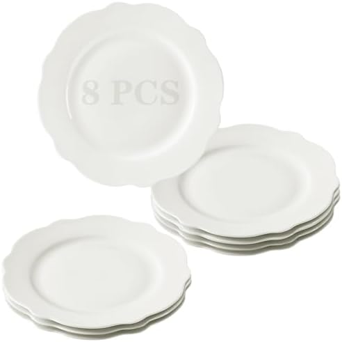 10.5” White Porcelain Large Dinner Plates Leave Wave Rim Set of 8 by BABALIU