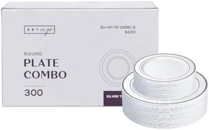 SETUP Case of 300 White Silver-Rimmed Plastic Plates - Premium Heavy-Duty Disposable Combo for Weddings and Parties - 150 10.25" Dinner and 150 7.5" Salad Plates by SETUP