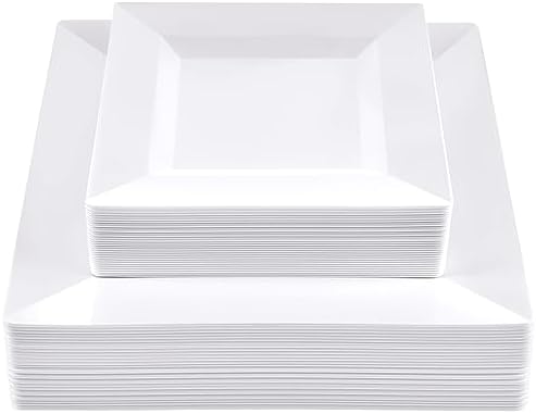 SETUP 60-Piece White Square Plastic Dinnerware Set – 30 9.5" Dinner & 30 6.5" Salad Plates – Heavy-Duty Disposable for Weddings, Catering, Parties by SETUP