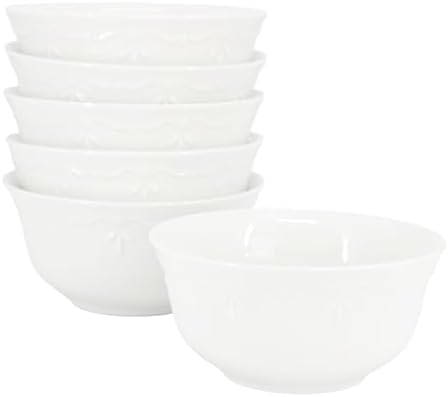 Elama Henryi 6 Piece Embossed Rim Detail Porcelain White 6.1 Inch Bowl Set, Tableware Set, Serveware (6 Pc Bowl) by Elama