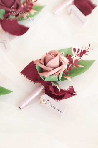 Floroom Set of 6 Dusty Rose & Burgundy Foam Rose Boutonnieres with Pins for Men Wedding for Groom Groomsmen Wedding Ceremonies Anniversaries Formal Dinners Parties Proms - Image 5