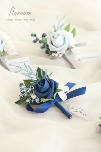 Floroom Set of 6 Powder Blue & Navy Blue Foam Rose Boutonnieres with Pins for Men Wedding for Groom Groomsmen Wedding Ceremonies Anniversaries Formal Dinners Parties Proms - Image 5