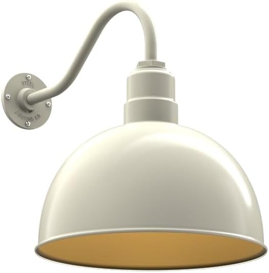 Steel Lighting Co. Hollywood Bowl Light | Outdoor Wall Mounted | 15 inch Bowl Dome | 16" Gooseneck | Barn Light Made in America | Cream Exterior/Brass Interior