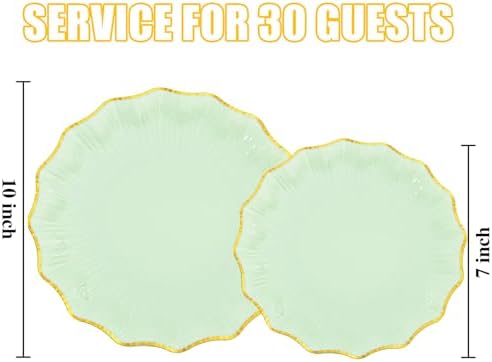 Rubtlamp 60Pcs Light Green Plastic Plates - Green Scalloped Plates with Gold Trim - 30 Gold Dinner & 30 Dessert Platos, Fancy Disposable Plates for Party, Wedding (30 Guests) - Image 2