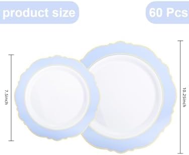 WDF 60pcs Blue Plates Disposable With Gold Rim - Baroque Baby Blue Plastic Party Plates for Wedding/Party/Baby Shower/Spring (Pack of 2) - Image 2