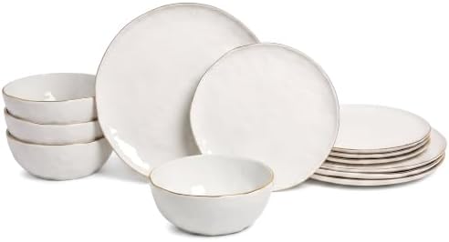 Sango 12-Piece Lightweight Porcelain Dinnerware Set for 4, Glossy Vanilla White Plates and Bowls Sets, Gold Rims, Farmhouse Ceramic Dish Set, Rustic Dishes, Microwave and Dishwasher Safe, Gansevoort by Sango