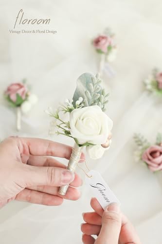 Floroom Set of 6 Dusty Rose & Ivory Foam Rose Boutonnieres with Pins for Men Wedding for Groom Groomsmen Wedding Ceremonies Anniversaries Formal Dinners Parties Proms - Image 4