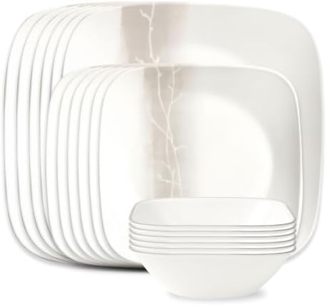 Corelle Vitrelle 18 Piece Glass Dinnerware Sets Rectangular Square Plate and Bowl Set Service for 6, Triple Layer Chip & Crack Resistant Glass Plate and Bowl Sets, Wandering Grove by Corelle