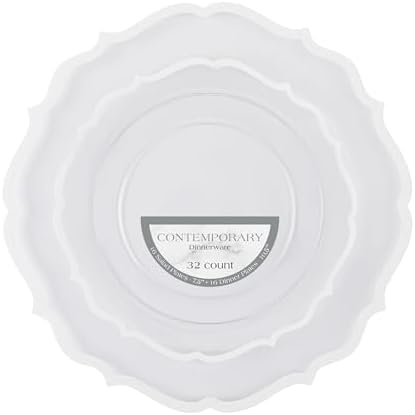 PLASTICPRO 32 Pack Elegant Disposable Plastic Plates Combo Set Includes 16 Dinner Plates and 16 Salad Plates Heavy Duty Fancy Party Plates Clear & White Contemporary Design by PLASTICPRO