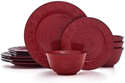 Pfaltzgraff Trellis Snowflakes 12 Piece Dinnerware Set, Service For 4, Red by Pfaltzgraff