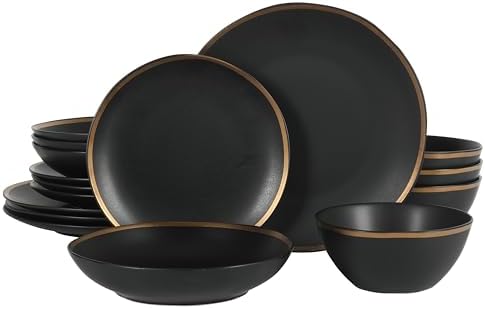 Gibson Elite Kings Road Double Plates and Bowl Organic Round Porcelain Dinnerware Set - Matte Black w/Gold Rim by GibsonHomewares