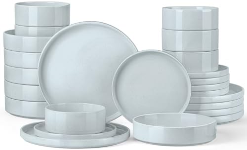 Onader Dinnerware sets, 24 Piece Plates and Bowls, Stoneware Kitchen Dinner Dish Set for 6, Ceramic Speckled Dinnerware with Pasta Bowl - Slate Gray by Onader