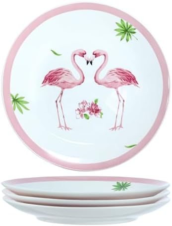 Colias Wing 8" Pink Flamingos Pattern Stylish Design Ceramic Salad/Pasta/Fruit/Appetizer/Dessert Dishes Holiday Plates Christmas Dinner Plates-Set of 4-Round by Colias+Wing