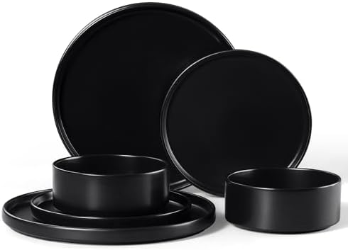 E-far 6-Piece Stoneware Dinnerware Sets, Black Plates and Bowls Set for 2 by E-far