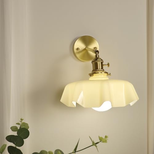 Vintage Milk Glass Wall Sconce Light, Mid Century Floral Design, Hardwired Gold Wall Lamp for Bedroom, Hallway, Living Room, Farmhouse Decor, Straight Arm Fixture