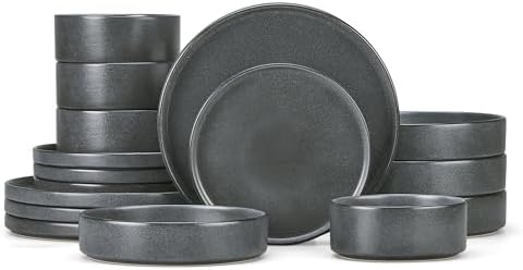 Herogo 16 Piece Plates and Bowls Set, Ceramic Dinnerware Sets with Pasta Bowls, Kitchen Dinner Ware Dishes Service for 4, Chip & Scratch Resistant Dishware, Dark Gray by Herogo