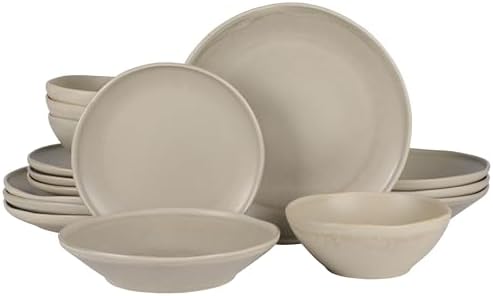 Gibson Elite Island Cove 16 Piece (Service for 4) Plates and Bowls Reactive Glaze Organic Round Dishes Stoneware Ceramic Dinnerware Set -Light Grey by GibsonHomewares