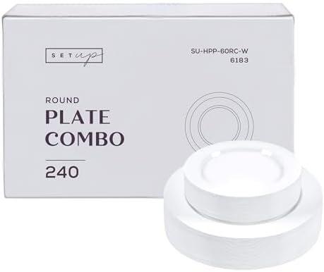 SETUP [Case of 240 Combo White Plastic Plates - Premium Heavy-Duty 50 Disposable 10.25" Dinner Party Plates and 50 Disposable 7.5" Salad Plates for Wedding, Party, and All Occasions by SETUP