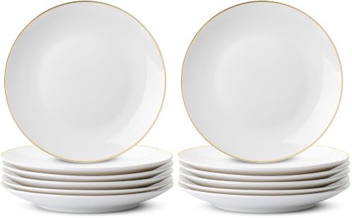 BTaT- White Dessert Plates with Gold Rim, Set of 6, 8" Round, Porcelain, Elegant Style, Dinner Plates (Pack of 2) by BrewToATea