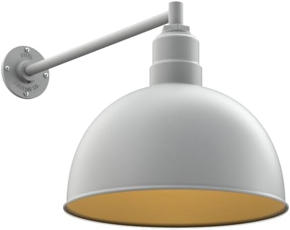 Steel Lighting Co. Hollywood Bowl Light | Outdoor Wall Mounted | 15 inch Bowl Dome | 20" Straight Arm | Barn Light Made in America | Modern Gray Exterior/Brass Interior