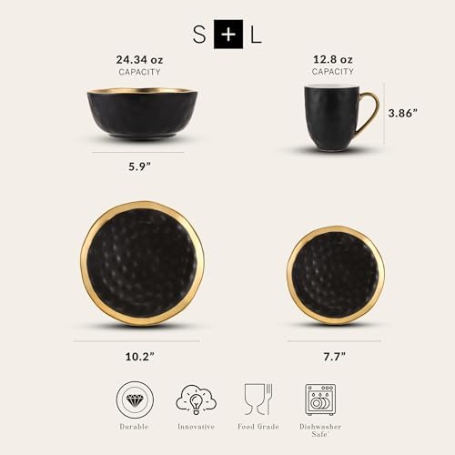 Stone Lain Florian Modern Porcelain 16 Piece Dinnerware Set, Plates and Bowls Set, Dish set for 4, Black And Golden Rim - Image 5