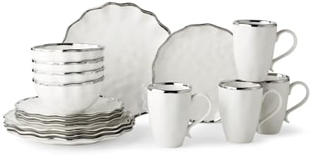 Regency Silver 16-Piece Porcelain Dinnerware Set – Elegant Silver-Trimmed Plates, Bowls & Mugs – Service for 4 – Durable, Dishwasher-Safe Tableware for Everyday Dining & Special Occasions by CERTIFIEDINTERNATIONAL