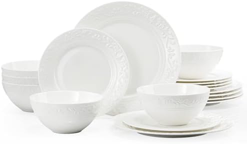 KINGSTONE 18Pcs Vintage Relief White Bone China Set, Service for 6 by KINGSTONE
