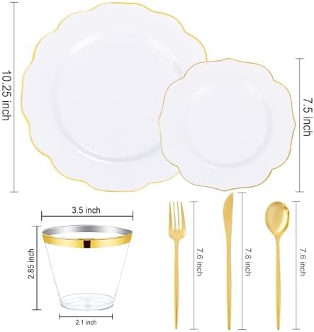 bUCLA 180PCS White and Gold Plastic Plates Disposable - White with Gold Rim Dinnerware Set Include 30 Guests Dinner & Dessert Plates, Cups, Cutlery Set for Wedding, Party & Thanksgiving Table Decor - Image 2