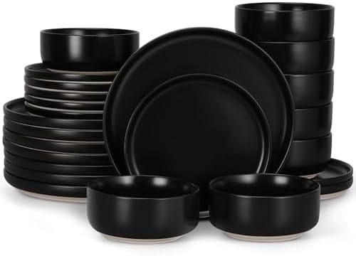 LIANYU Plates and Bowls Sets for 8, 24 Piece Stoneware Dinnerware Set, Porcelain Dishware for Kitchen and Dining, Microwave Oven Dishwasher Safe, High temperature & Scratch Resistant, Matte Black by LIANYU
