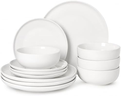 Gibson Home Havenstone 12-Piece Porcelain Dinnerware Set – Dinner Plates, Salad Plates & Bowls, Classic White Everyday Dish Set for Home, Kitchen, Microwave & Dishwasher Safe by GibsonHomewares