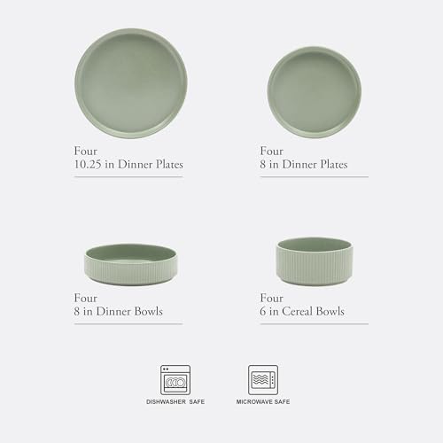 Gibson Elite Deerfield 16-Piece Stoneware Dinnerware Set – Matte Green Stackable Plates and Bowls, Reactive Glaze Finish, Service for 4 – Microwave & Dishwasher Safe - Image 2