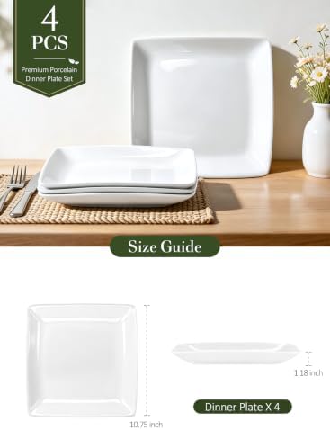 Porcelain Square Dinner Plates, 10.75 Inch White Plates, Set of 4 - Image 6