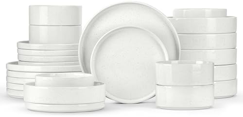 Herogo 24 Piece Dinnerware Sets with Pasta Bowls for 6, Dinner Salad Plates and Cereal Serving Bowls, Stoneware Dishes Dinner Ware for Kitchen Dining, Dishwasher & Microwave Safe, Speckled White by Herogo