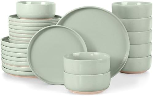 LIANYU Plates and Bowls Sets for 8, 24 Piece China Dinnerware Stoneware Set, Porcelain Dishware for Microwave, Dishwasher, Oven, High temperature Resistant, Fog Green by LIANYU